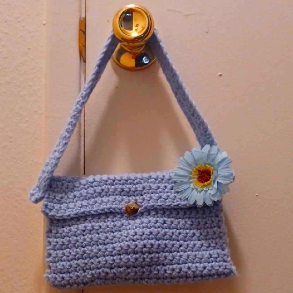Handcrafted Blue Crochet Bag with Flower Accent And with Mini Wallet With Flower